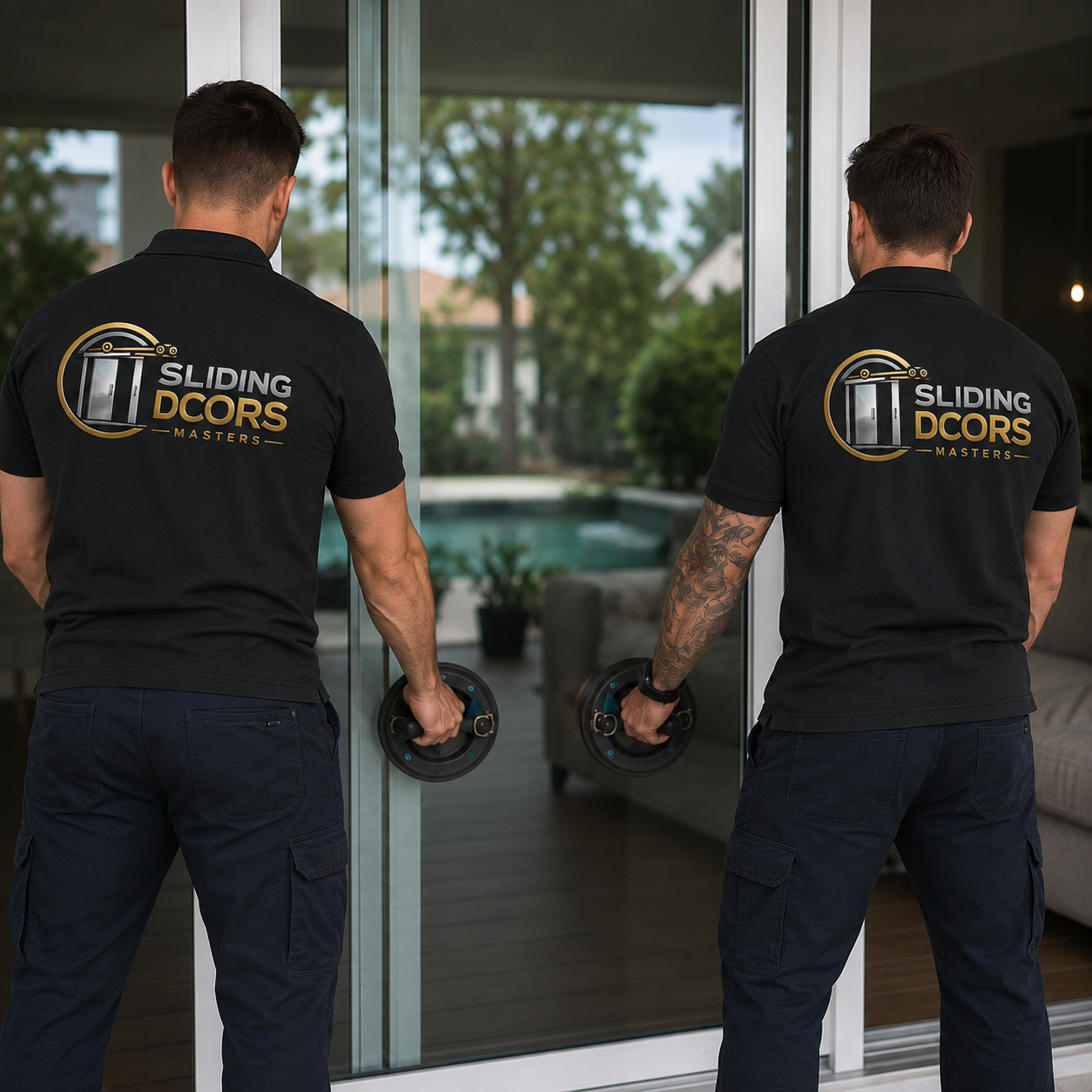 Sliding Doors Masters technicians at a glass patio door